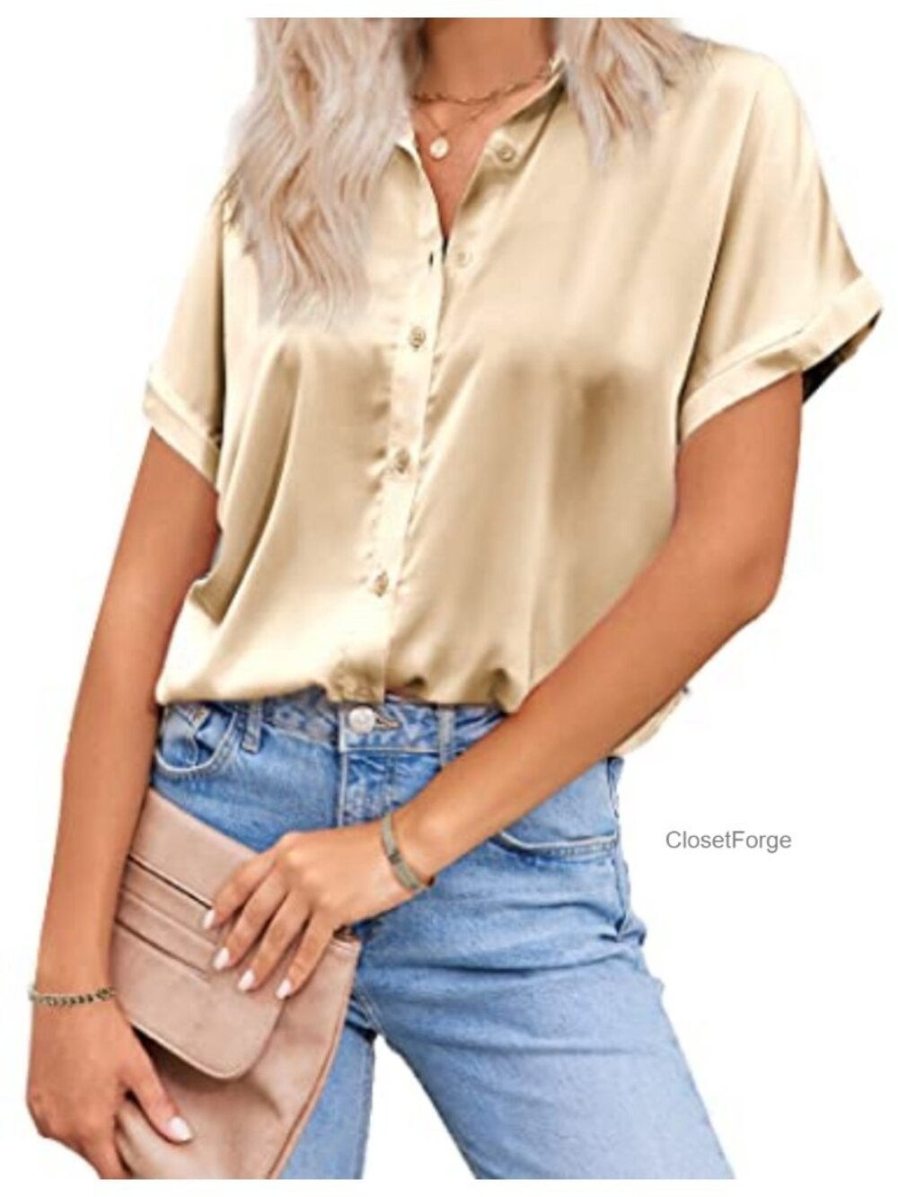 Satin Silk Button Down Shirt Short Sleeve V-Neck Work Office Blouse Tunic